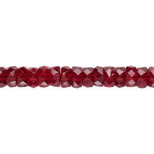 Bead, Czech fire-polished glass, garnet red, 6x3mm faceted rondelle. Sold per 15.5-16 inch strand.