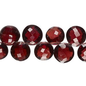 Garnet 1pkg1, hand-cut top-drilled checkerboard faceted puffed flat round bead natural 8 inch 9-11mm
