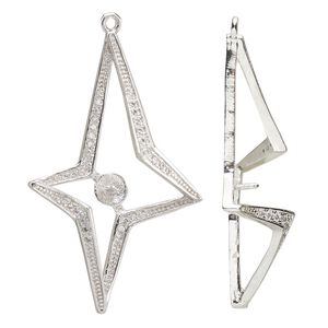 Focal, cubic zirconia and silver-plated brass, clear, 41.5x25mm single-sided star with 5mm cup and 3.5mm peg, fits 6-10mm half-drilled bead. Sold individually.