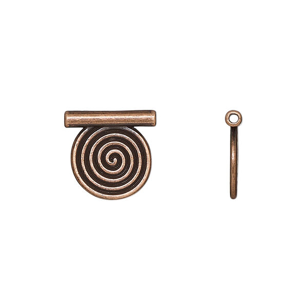 Pendant, slide, antique copper-finished "pewter" (zinc-based alloy), 13mm double-sided flat round with spiral design, 1mm inside diameter. Sold per pkg of 20. image number 0