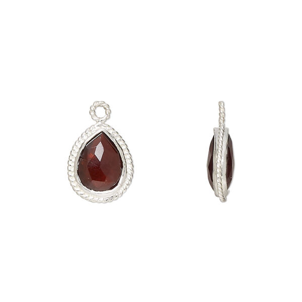 Drop, garnet (natural) and sterling silver, 11x9mm-12x10mm hand-cut double-sided faceted puffed teardrop with rope edge design, B grade, Mohs hardness 7 to 7-1/2. Sold individually. image number 0