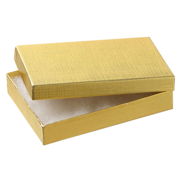 Box 1pkg4, paper and "cotton" filled, gold, 5-1/4 x 3-3/4 x 7/8 inches rectangle image number 1