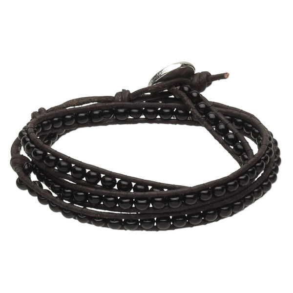 Bracelet, wrap, leather (dyed) / glass / silver-finished copper, dark brown and black, 6mm wide, adjustable at 6 and 6-1/2 inches with button clasp. Sold individually. image number 0