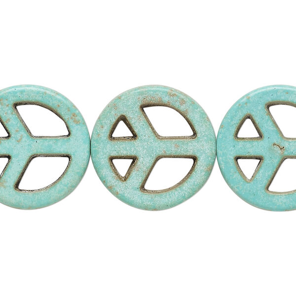 Bead, "howlite" (resin) (imitation), aqua green, 20mm peace sign. Sold per 15-inch strand. image number 0