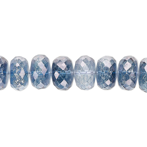 Bead, quartz crystal (coated), dark blue and clear, 9x5mm-11x7mm hand-cut faceted rondelle, B grade, Mohs hardness 7. Sold per 8-inch strand, approximately 30 beads. image number 0
