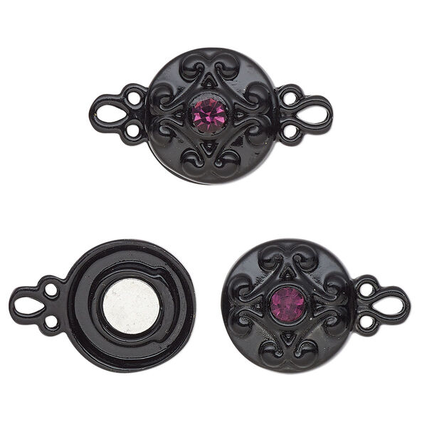 Clasp, magnetic, black-finished "pewter" (zinc-based alloy) and glass, purple, 12mm double-sided round. Sold per pkg of 2. image number 0