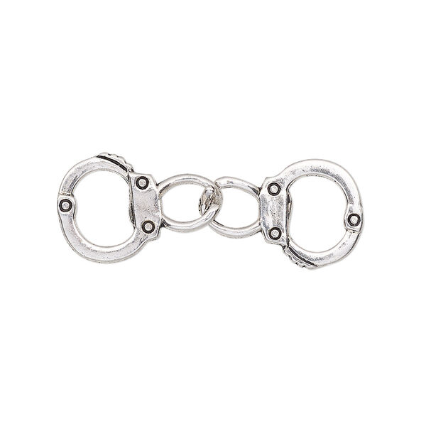 Charm, antique silver-finished "pewter" (zinc-based alloy), 32x11.5mm double-sided handcuff. Sold per pkg of 2. image number 0
