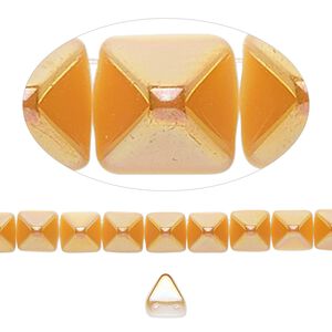 Spacer, Preciosa, Czech pressed glass, opaque alabaster and amber yellow, 6x6x7mm 2-strand pyramid, fits up to 3mm bead. Sold per 8-inch strand, approximately 30 spacers.