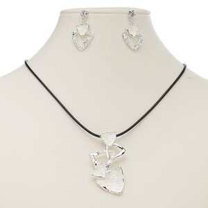 Necklace and earring set, enamel / waxed cotton cord / glass rhinestone / silver-plated steel / "pewter" (zinc-based alloy), black and white, 56x32mm triangles, 18-inch necklace with 2-inch extender chain and lobster claw clasp, 35mm earrings with post. Sold per set.