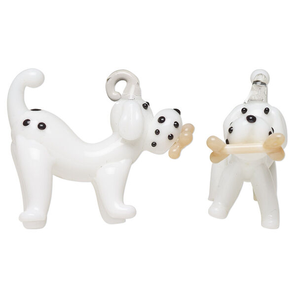 Focal, lampworked glass, opaque white / black / brown, 44x36mm 3D dog with bone. Sold individually. image number 0