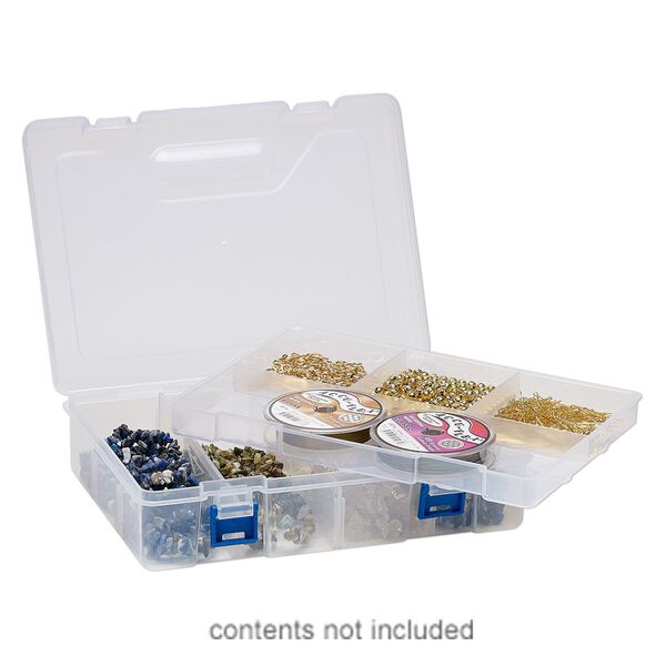 Organizer, plastic, frosted clear and blue, 8-3/4 x 6 x 2-1/4 inch rectangle with 8 compartments and removable tray with hang tab. Sold individually. image number 0