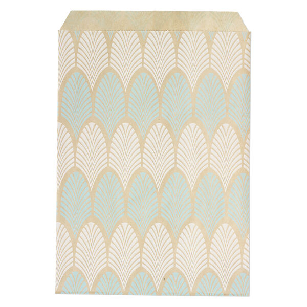 Bag, paper, brown, white and blue, 7x5 inch rectangle with leaf-print and scalloped top edge. Sold per pkg of 100. image number 0