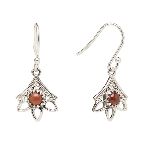 Ear wire, Create Compliments®, antiqued sterling silver and garnet (natural), fishhook, 28mm with 14x12.5mm single-sided beaded open 3-teardrop, 21 gauge. Sold per pair. image number 0