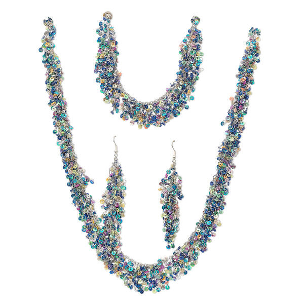 Necklace, bracelet and earring set, acrylic and silver-plated brass, multicolored, 16-1/2 inches with lobster claw clasp, 7-inch bracelet, 4-1/4 inch earrings with fishhook ear wire. Sold per set. image number 0