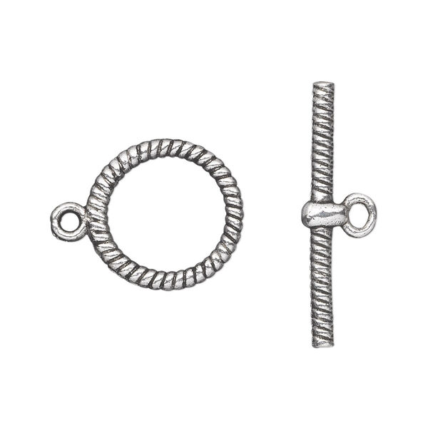 Clasp, toggle, antique silver-plated "pewter" (zinc-based alloy), 16mm double-sided round with rope design. Sold per pkg of 20. image number 0