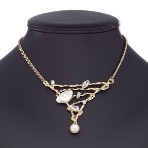 Necklace, glass rhinestone / acrylic / resin / gold-coated plastic / gold-finished steel / "pewter" (zinc-based alloy), white and clear, 3 x 2-3/4 x 2-1/2 inch hammered triangle, 16 inches with 2-inch extender chain and lobster claw clasp. Sold individually.