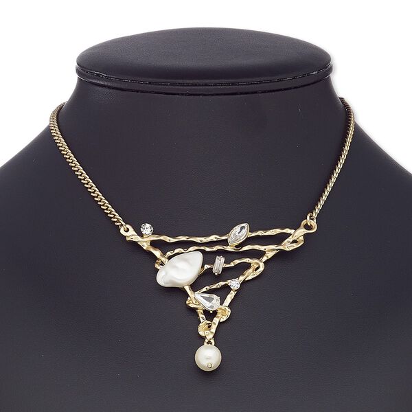 Necklace, glass rhinestone / acrylic / resin / gold-coated plastic / gold-finished steel / "pewter" (zinc-based alloy), white and clear, 3 x 2-3/4 x 2-1/2 inch hammered triangle, 16 inches with 2-inch extender chain and lobster claw clasp. Sold individually. image number 0