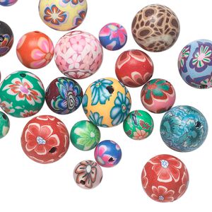 Bead mix, polymer clay, multicolored, 6-10mm round with mixed designs. Sold per pkg of 30.