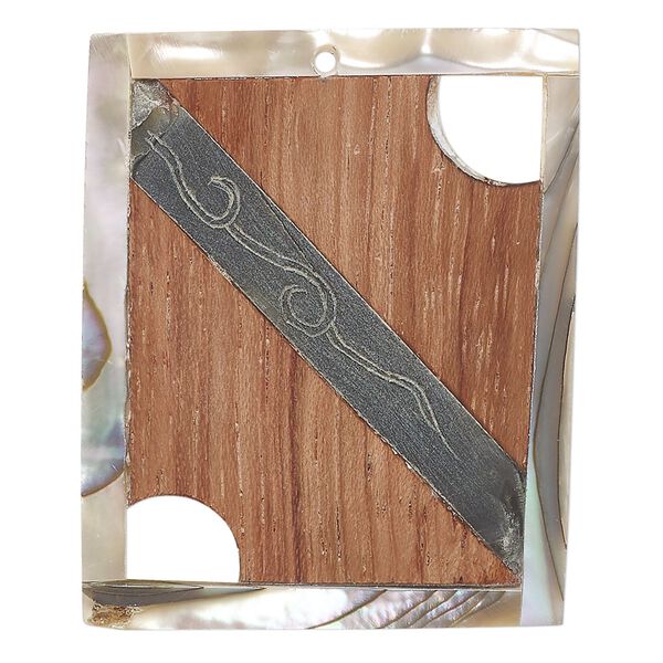 Focal, black lip shell / golden lip shell / wood (assembled), pkg/1, 41x31-45x36mm single-sided flat rectangle. image number 0