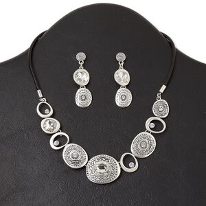 Necklace and earring set, antiqued silver-finished "pewter" (zinc-based alloy) and steel / glass rhinestone / leather (dyed), black and clear, irregular oval, 15" to 16" necklace with lobster claw clasp and 3-inch extender chain, 1-3/4 inch earring with post. Sold per set.