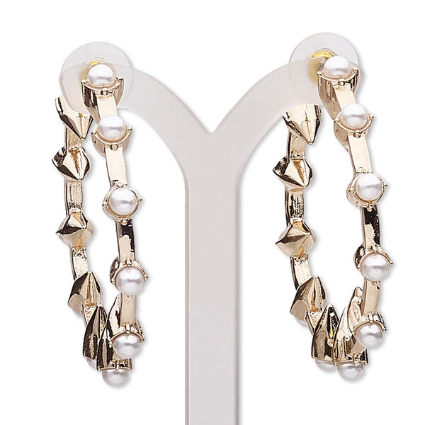 Earring, acrylic pearl / stainless steel / gold-finished "pewter" (zinc-based alloy), white, 49mm round hoop. Sold per pair. image number 0