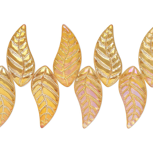 Bead, glass, translucent orange AB, 18x8mm top-drilled curved leaf. Sold per 8" strand. image number 0