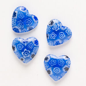 Bead, millefiori glass, pkg/4, translucent blue/black/white, 18-20mm half-drilled puffed heart.