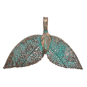 Pendant, copper-plated brass and Indian rubber plant, green patina, 40x25mm-43x28mm double-sided double leaf. Sold individually.
