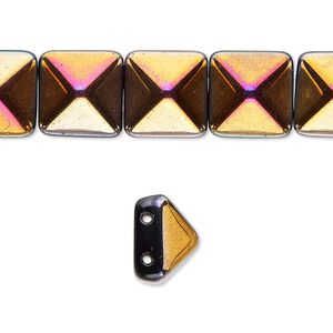 Spacer, Preciosa, Czech pressed glass, opaque black magenta gold, 11x11x7.5mm 2-strand pyramid, fits up to 5.5mm bead. Sold per 8-inch strand, approximately 15 spacers.