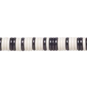 Bead, porcelain, opaque shiny black and white, 6.5x1mm heishi. Sold per 8-inch strand, approximately 120 to 150 beads.
