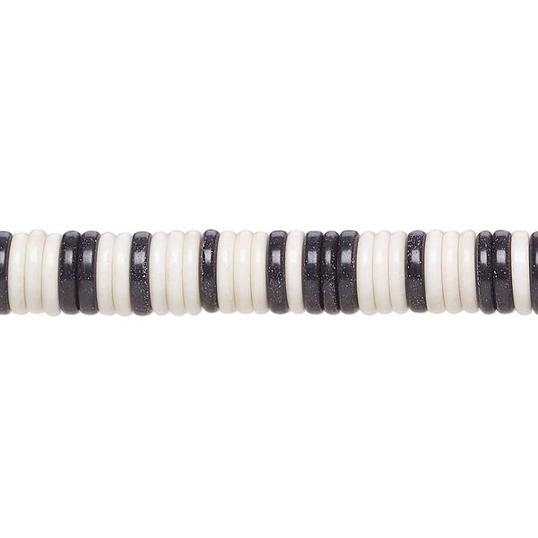 Bead, porcelain, opaque shiny black and white, 6.5x1mm heishi. Sold per 8-inch strand, approximately 120 to 150 beads. image number 0