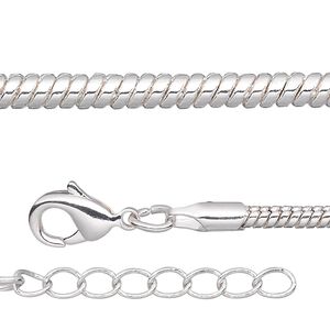Chain, silver-plated brass, 2.5mm snake, 36 inches with 1-inch extender chain and lobster claw clasp. Sold per pkg of 2.
