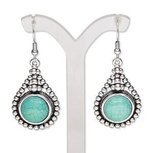 Earring, magnesite (dyed / stabilized) with antique silver plate brass and "pewter" (zinc-based alloy), blue, 2 inches with teardrop and fishhook ear wire. Sold per pair.