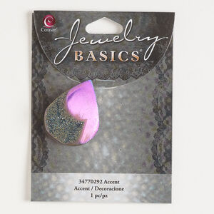 Focal 1pkg1, antique silver-finished druzy quartz (coated), pink and purple, 30x25mm-36x30mm top-drilled teardrop.