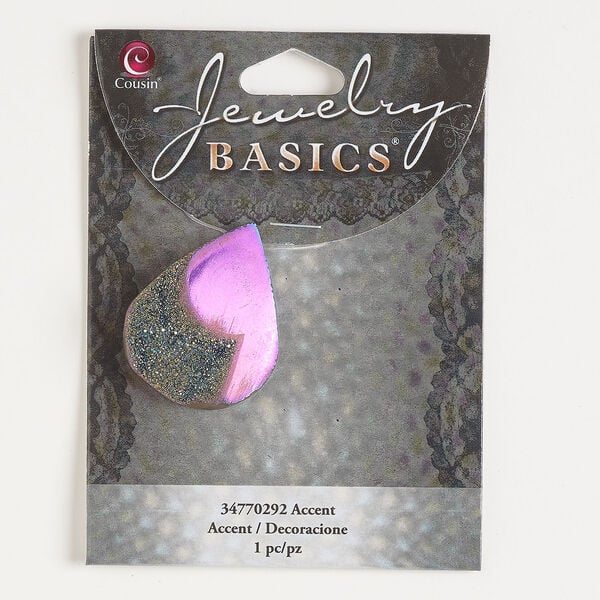 Focal 1pkg1, antique silver-finished druzy quartz (coated), pink and purple, 30x25mm-36x30mm top-drilled teardrop. image number 0