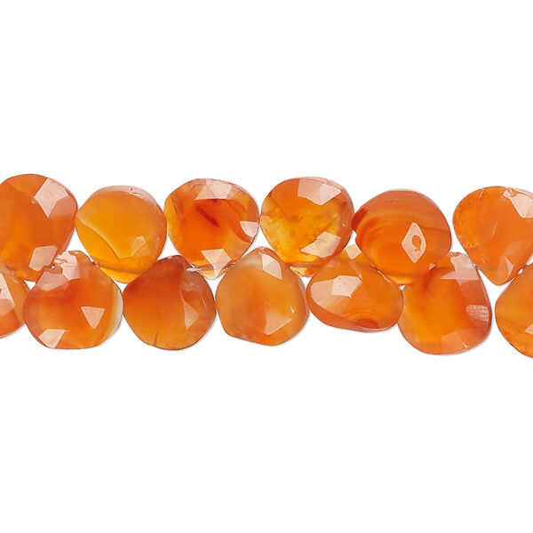 Bead, carnelian (dyed / heated), medium to dark, 8x7mm-9x8mm hand-cut top-drilled faceted puffed teardrop, B+ grade, Mohs hardness 6-1/2 to 7. Sold per 8-inch strand, approximately 50 beads. image number 0