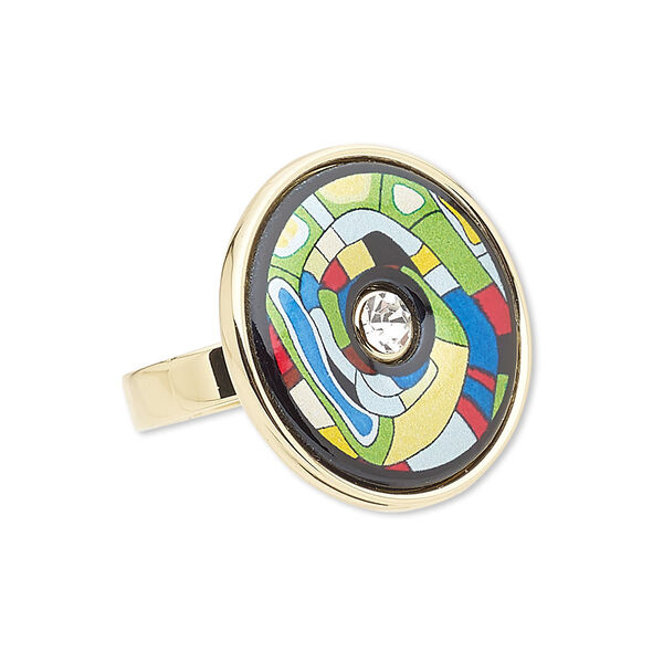 Ring, Avant-Garde Jewelry Collection, enamel / Czech glass rhinestone / gold-plated brass, green / yellow / multicolored, 25mm flat round with abstract design, size 8-1/2. Sold individually. image number 0