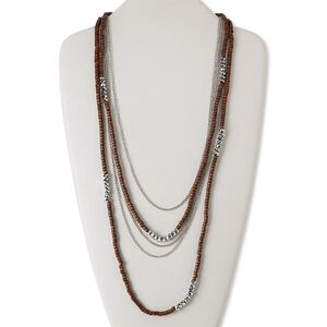 Necklace, stained wood / silver-coated plastic / imitation rhodium-finished steel, dark brown, flat round, 24 inches with 2-inch extender chain and lobster claw clasp. Sold individually.