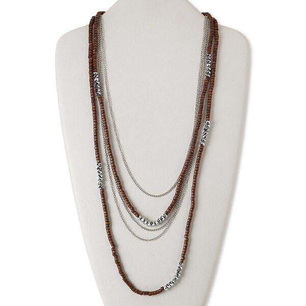Necklace, stained wood / silver-coated plastic / imitation rhodium-finished steel, dark brown, flat round, 24 inches with 2-inch extender chain and lobster claw clasp. Sold individually. image number 0