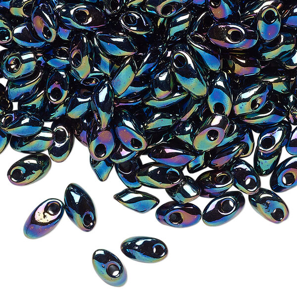 Seed bead, Miyuki, glass, pkg/10g, 7x4mm long magatama, opaque metallic iris variegated blue (LMA-455). image number 0