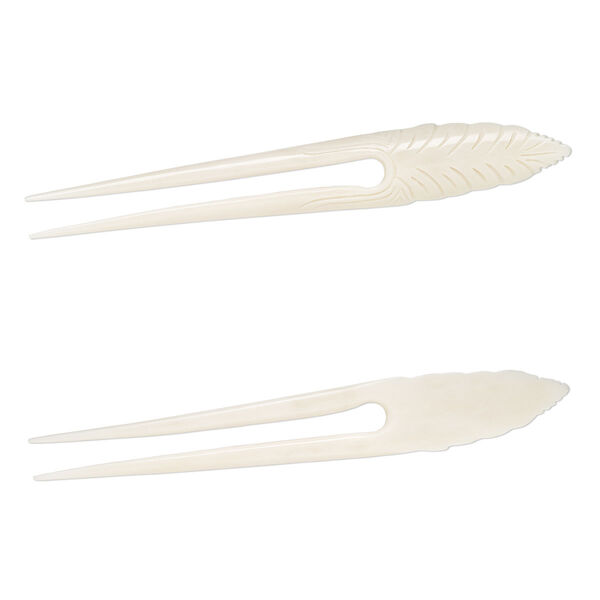 Hair stick, bone (bleached), pkg/1, 6 to 6-1/2 inches with leaf. image number 0