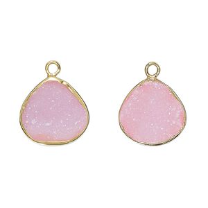 Drop, druzy agate (dyed) and gold-finished sterling silver, pink, 15x15mm single-sided teardrop. Sold per pkg of 2.