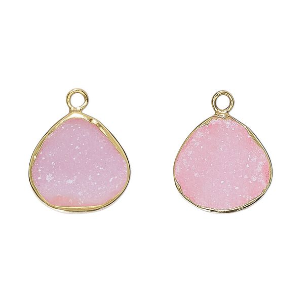 Drop, druzy agate (dyed) and gold-finished sterling silver, pink, 15x15mm single-sided teardrop. Sold per pkg of 2. image number 0
