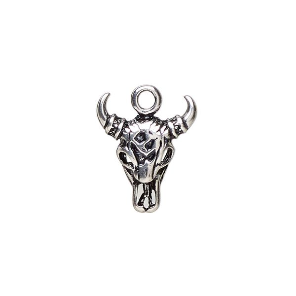 Charm, antique silver-plated "pewter" (zinc-based alloy), 18x14.5mm buffalo skull. Sold individually. image number 0