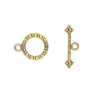 Clasp toggle 1pkg20 "pewter" (zinc alloy), 13mm double-sided round, antique gold-finished 1-strand