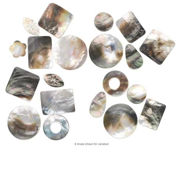 Focal mix, black lip shell / gold lip shell / mother-of-pearl shell (natural), 37x18mm-50x48mm mixed shape, Mohs hardness 3-1/2. Sold per pkg of 5. image number 0