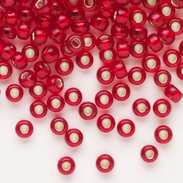 Seed bead, Miyuki, glass, pkg/25g, #6 rocaille, transparent silver-lined ruby red, (RR-141S). image number 0