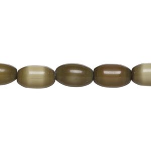 Bead, cat's eye glass (fiber optic glass), olive green, 10x6mm-11x7mm oval, economy grade. Sold per 15-inch strand.