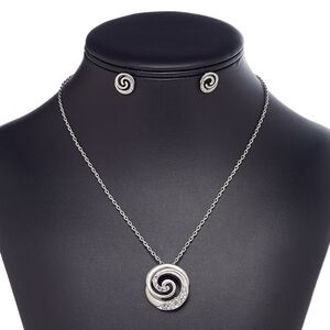 Necklace and earring set, glass rhinestone / imitation rhodium-plated steel / brass / "pewter" (zinc-based alloy), clear, 26x24mm matte swirl, 18-inch necklace with 2-inch extender chain and lobster claw clasp, 12mm swirl with post. Sold per set.