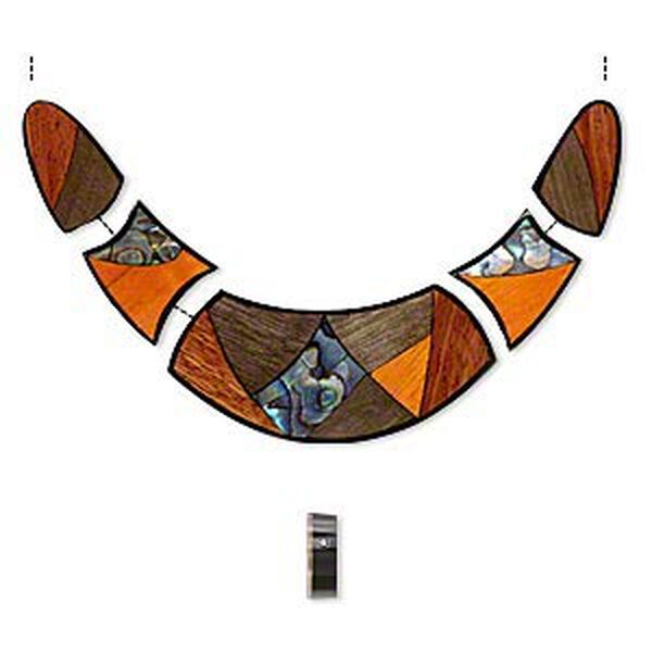 Bead, resin / paua shell / multi-wood (dyed / assembled), multicolored, 23x20mm-63x26mm graduated top-drilled single-sided crescent moon. Sold per 5-piece set. image number 0